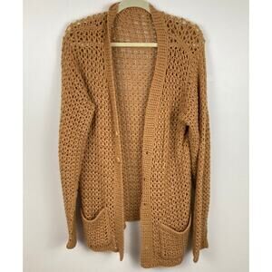 Handmade Womens L Long Tan Crochet Open Knit Oversized Cardigan Boho Granola